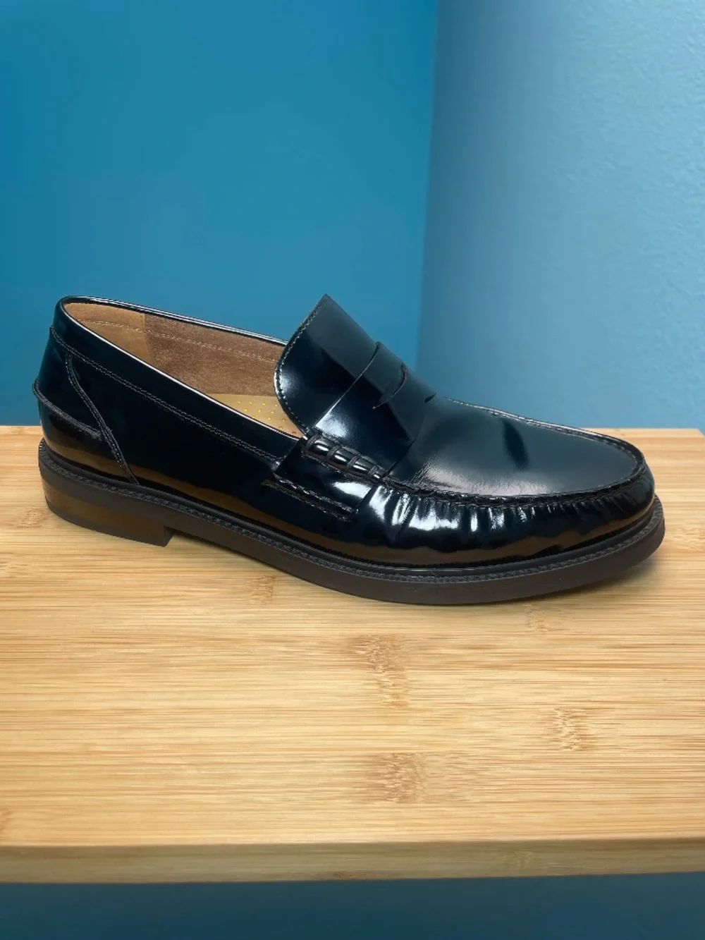 Cole Haan Mens Pinch Prep Penny Loafers Sz 10.5 Patent Leather Black Moc Toe EUC